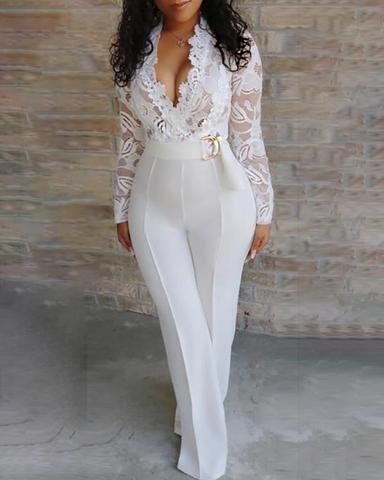 Women Sexy Elegant Overalls Rompers Patchwork Jumpsuit Female Long Sleeve Lace Overall Trousers Party Playsuit ► Photo 1/3