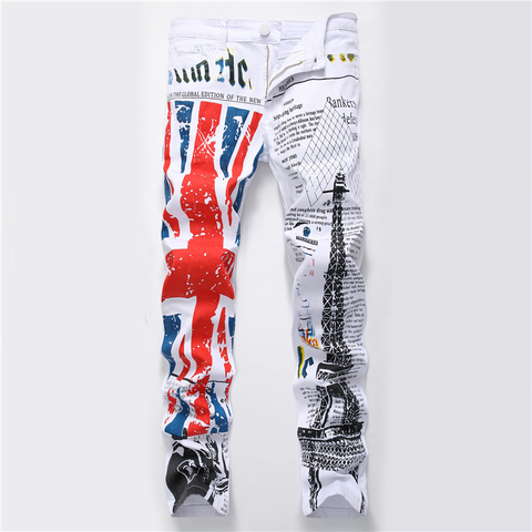 2022 fashion stylish cool mens pants jeans with print graffiti painted denim slim fit white jeans men hip hop rock street wear ► Photo 1/1