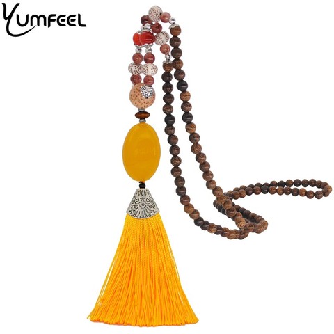 Yumfeel New Women Jewelry Necklace Handmade Wood Beads Natural Stone Yellow Tassel Necklace Gifts ► Photo 1/6