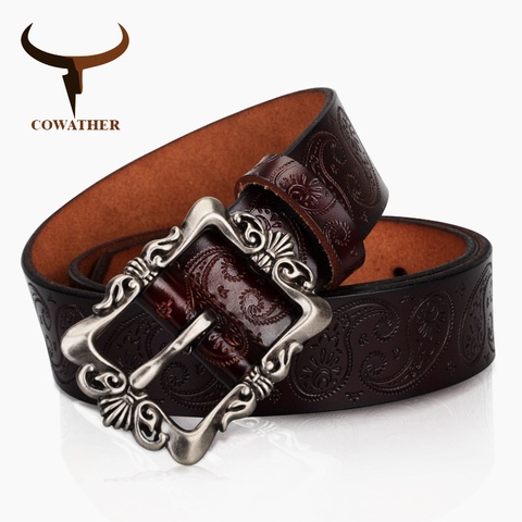 COWATHER 2022 cow genuine leather belts for Women luxury strap female belt Cashew flowers high quality pin buckle 3.2cm XF022 ► Photo 1/6