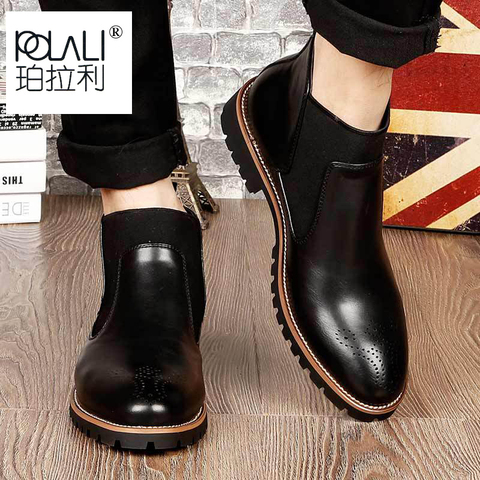 POLALI Spring/Winter Fur Men Chelsea Boots British Style Fashion Ankle Boots Black/Brown/Red Brogues Soft Leather Casual Shoes ► Photo 1/6