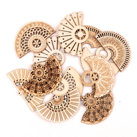 Handmade Wooden Crafts Home Decoration Scrapbooks Jewelry Make Earrings DIY Mix Chinese Style Retro Fan Wood Ornaments 65mm 6pcs ► Photo 1/6