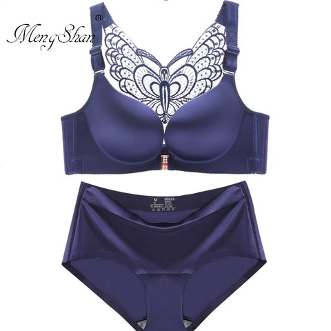 Front Closure Butterfly Back Padded Push Up Bra With Panty - Purple