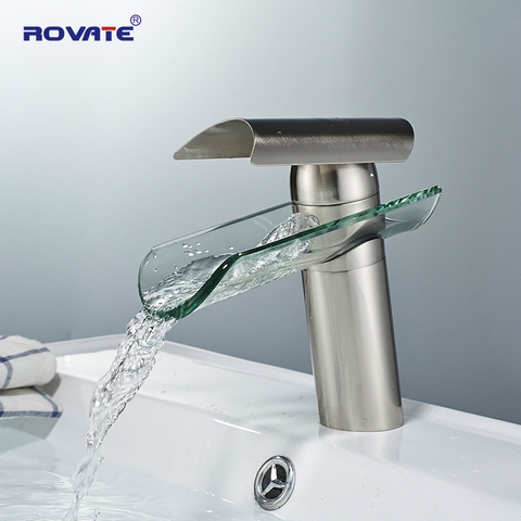 ROVATE Single Handle Waterfall Lavatory Bathroom Faucet Glass Spout, Hot and Cold Mixer Grane Brass Brushed nickel ► Photo 1/6