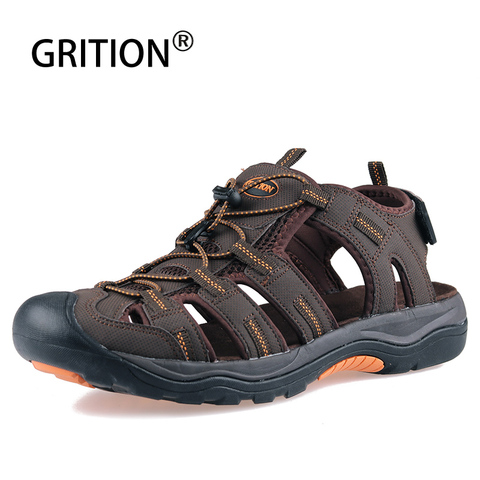 GRITION Men Outdoor Sandals Summer Breathable Flat Sole Beach Shoes Comfort Flip Flops Hiking Non Slip Nubuck Leather Luxury New ► Photo 1/6