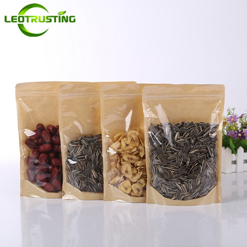 100pcs One Side Clear Kraft Paper Bag Snack Nuts Beans Packaging Paper Gift Bag Stand up Clear Window Zip-Lock Bag ► Photo 1/6