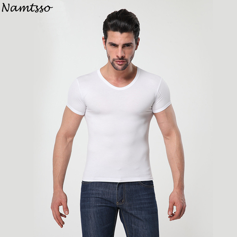 Mens Ice Silk T-shirt Seamless Solid Summer V-neck Short Sleeve Tops  Undershirt