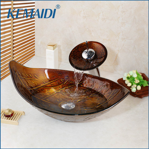 KEMAIDI Waterfall Faucet Tempered Glass Bathroom Sink Set Retro Style Glass Bowl Bathroom Sink Leaf Art Wash Basin With Drain ► Photo 1/6