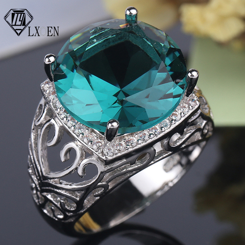 LXOEN New Ethnic Green Big CZ Crystal Party Rings for Women White Silver Color Round Engagement Ring Jewelry Accessories bague ► Photo 1/1