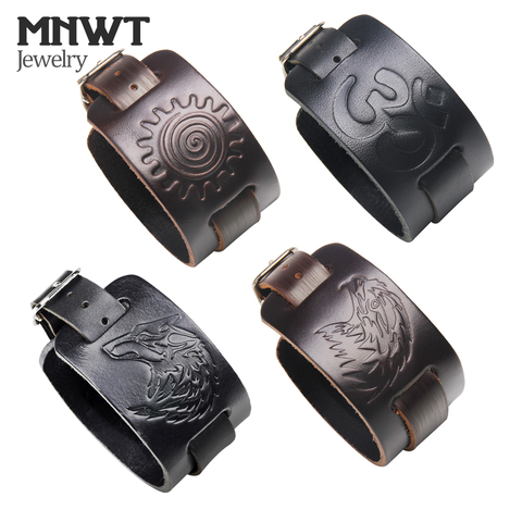MNWT Charm Wide Leather Bracelet Black Brown Men Fashion Embossed Wolf/Eagle/Totem Wristband Bangle Punk Rock Style Jewelry ► Photo 1/6