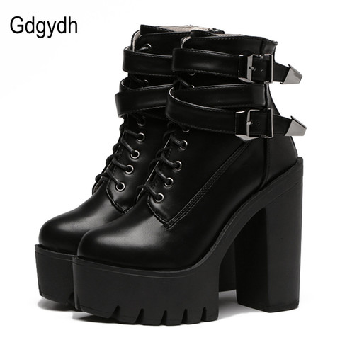 Gdgydh Spring Autumn Fashion Women Boots High Heels Platform Buckle Lace Up Leather Short Booties Black Ladies Shoes Promotion ► Photo 1/6