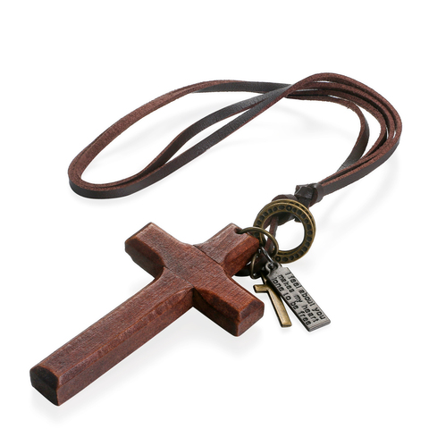 BONISKISS Vintage Wood Cross Necklaces For Men Adjustable Leather Necklace Cool Decoration For Man Birthday Gift Male Jewelry ► Photo 1/6