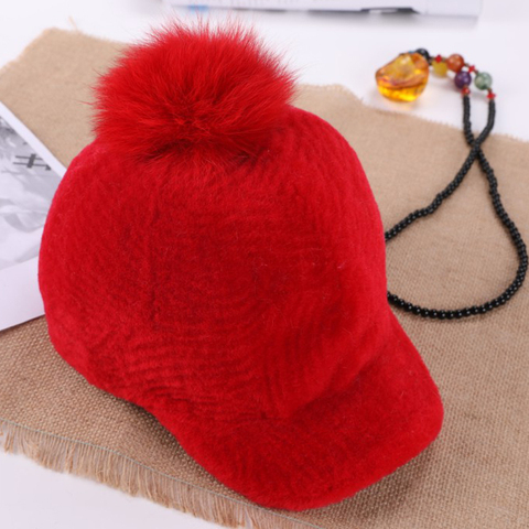 Hot sale Women  Cap Winter Thicken Fur Hat Winter Warm Sheep Shearing cap with Fox fur ball hat KWA641 ► Photo 1/6