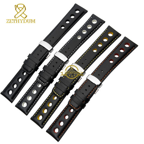Genuine leather bracelet watchband sport watch strap 20mm mens wristwatches leather band belts wristband black orange stitched ► Photo 1/6