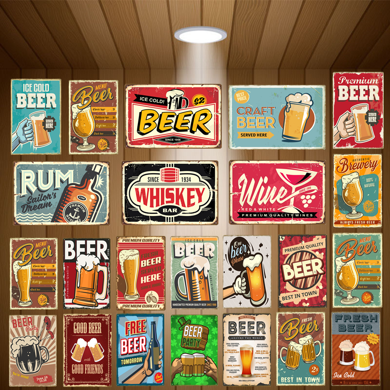 Ice Cold Beer Vintage Tin Signs Metal Plate Pub Bar Decor Art Wall Poster 