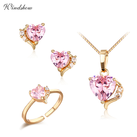 6Colors Cute Peach Heart CZ Yellow Gold Color Pendant Necklace Stud Earrings Ring Small Jewelry Sets for Women Girls Kids Child ► Photo 1/5
