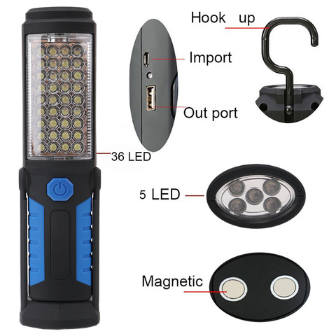 USB Rechargeable Lamp 36+ 5 LED Flashlight Outdoor Camping Lantern Work Lights Magnet HOOK Mobile Power For Phone Lanterna Lamp ► Photo 1/1