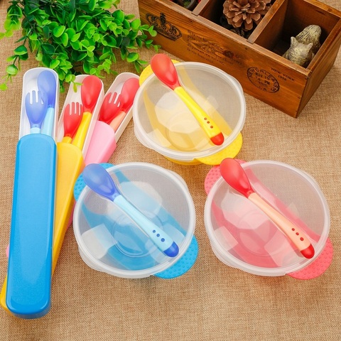 3Pcs/set Baby Learning Dishes With Suction Cup Kids Safety Dinnerware Set Assist Bowl Temperature Sensing Spoon Fork Tableware ► Photo 1/6