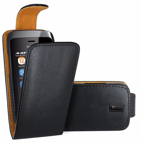 Black Flip Premium Leather Skin Bag Case Cover For Nokia Asha 308 309 / Nokia Asha 308 309 Dual Sim ► Photo 1/1