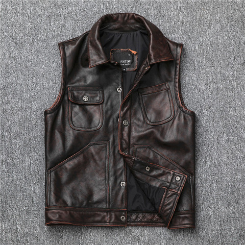 Free shipping,Genuine leather jacket,men cowhide vest.dark brown vintage motor biker vest,Oil wax leather slim vest,sales ► Photo 1/1