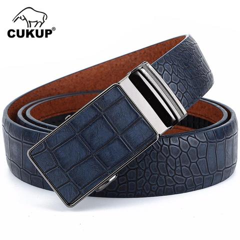 CUKUP Men's Leather Cover Automatic Buckle Metal Belts Quality Crocodile Stripes Blue Cow Skin Accessories Belt for Men NCK133 ► Photo 1/6