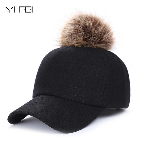 Autumn Winter Hip Hop Felt Baseball Cap Women Thick Warm Bone Snapback Hat Female Fashion Polyester Fur Pom Pom Hats ► Photo 1/6