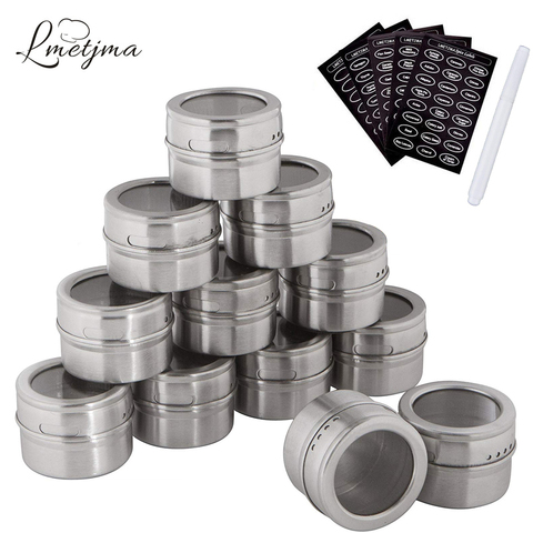 LMETJMA Magnetic Spice Jars Set With Spice Labels and Chalkboard Pen Stainless Steel Seasoning Pepper Spice Storage Jars Tins ► Photo 1/6