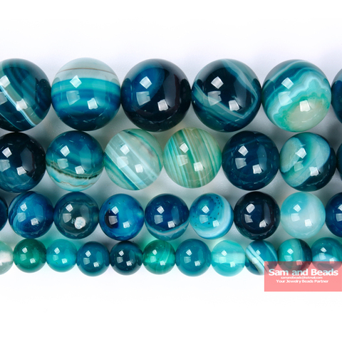 Natural Peacock Blue Zircon Stripe Agates Round Loose Beads 6 8 10 12MM Pick Size For Jewelry Making PZLB50 ► Photo 1/2