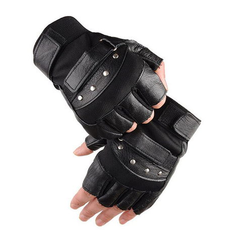 Men's Army Military Tactical Half Finger Leather Fitness Gloves Bike Sport Gloves Gym Exercise Men Black Rivets Punk Gloves G135 ► Photo 1/4