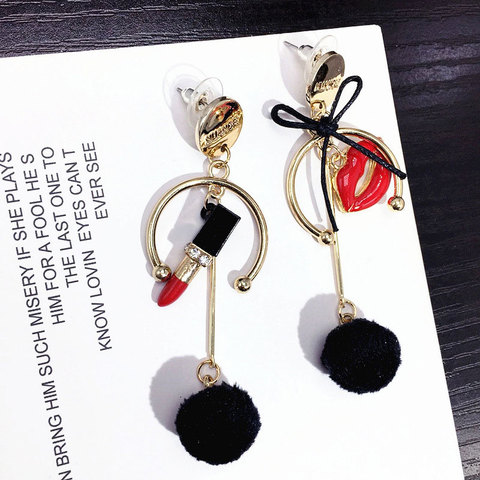 Fashion Asymmetric Sexy Red Lips Lipstick Earring Luxury Hair Ball Temperament Woman Tassel Long Earrings ► Photo 1/4