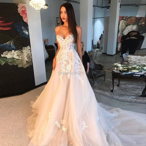 Charming Champagne Wedding Dresses with Ivory Appliques A Line Sweetheart Off the Shoulder Lace Corset Back Vestide Brides Gowns ► Photo 1/6