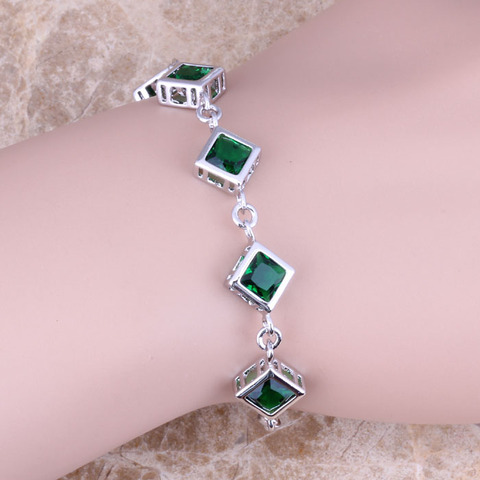 Romantic Green Cubic Zirconia Silver Plated Link Chain Bracelet 6.5 - 7.5 inch S0836 ► Photo 1/2