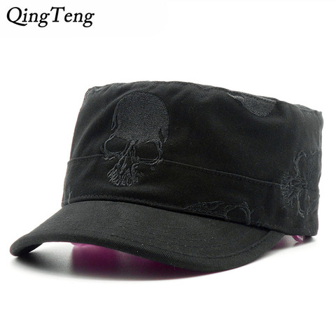 High Quality Men Vintage Flat Top Caps Embroidery Skull Military Hats Luxury Casual Women Baseball Hat Cotton Black Army Cap ► Photo 1/6