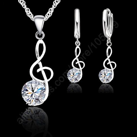 Musical Notes Jewelry Sets Real 925 Sterling Silver  Cubic Zirconia Symbols Shape Pendant Necklaces Earrings Sets Gift ► Photo 1/1
