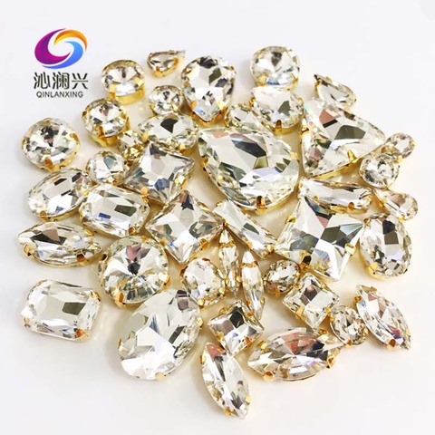 Factory sales Gold bottom white 3D top crystal glass sew on stones,mix size claw rhinestone diy/jewelry accessories 58pcs/pack ► Photo 1/6