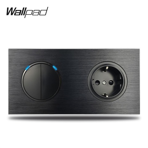 Wallpad L6 Black Aluminum 2 Gang Switch with EU Wall Electrical Power Socket Double Frame Dual Plate, 172 * 86 mm ► Photo 1/4
