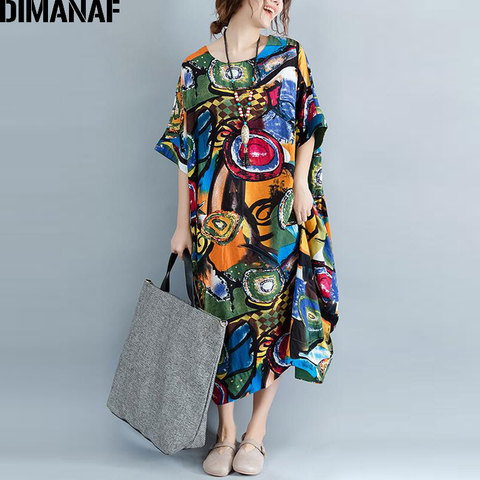 DIMANAF Women Dress Plus Size Summer Pattern Print Linen Colorful Female Loose Batwing Casual Retro Vintage Large Size Dresses ► Photo 1/6