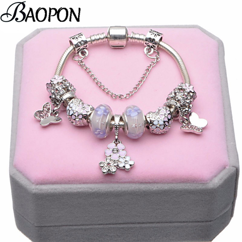 BAOPON European Style Vintage Silver plated Crystal Charm Bracelet Women fit Original DIY Fine Bracelet Jewelry Gift ► Photo 1/5