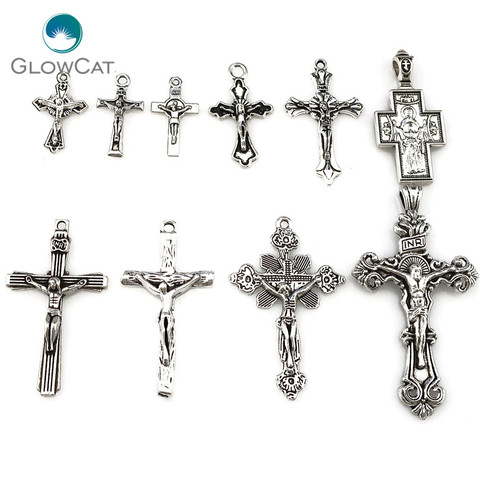MIX 10pcs/lot Vintage Silver Zinc Alloy Jesus Cross Pendant Religious Faith Charm Frame Jewelry Finding Making 22397 ► Photo 1/3