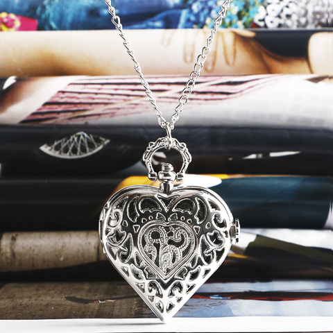 Fashion Silver Heart Shaped Lovely Hollow Elegant Quartz Pocket Watch Necklace Pendant for Women Ladies girl Birthday Gift P605 ► Photo 1/6