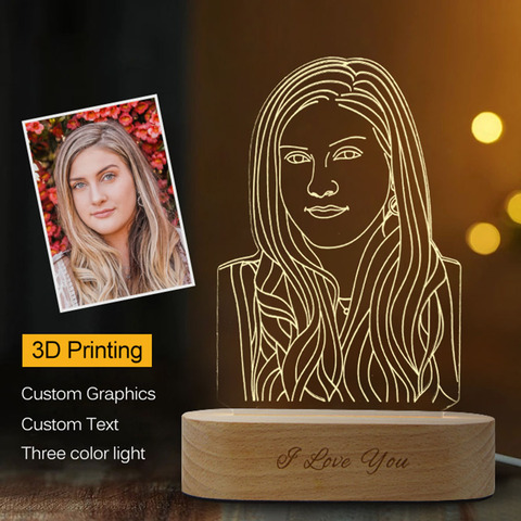 Dropshipping Customized 3D Night Light USB Wooden Base DIY Night Lamp For Wedding Christmas Gift Holiday Light Custom Text Photo ► Photo 1/6