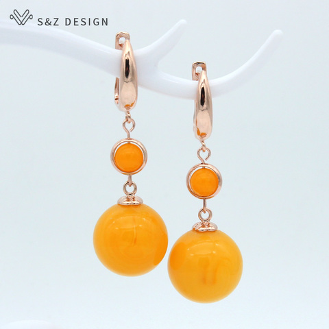 S&Z Round Simulated Beeswax Long Dangle Earrings Trendy 585 Rose Gold Classic Vintage Eardrop For Women Wedding Party Jewelry ► Photo 1/6