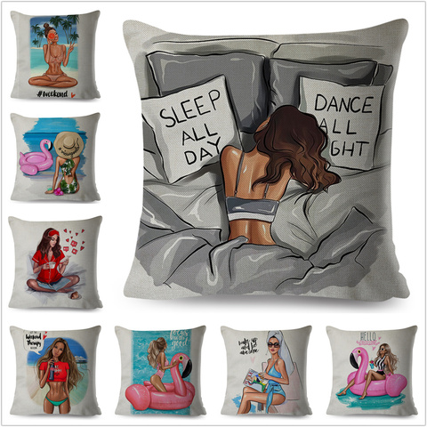 Sleep All Day Super Sexy Cartoon Girl Pillow Case Linen 45*45cm Decor Cartoon Girl Cushion Cover for Car Sofa Home Pillowcase ► Photo 1/6