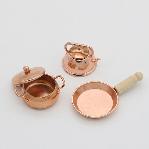 3pcs/Set Dollhouse Miniature Bronze Frying Pan Cooking Pot Kettle Cookware Kitchen Cooking Kit Dolls Accessories 1:12 Scale ► Photo 1/6