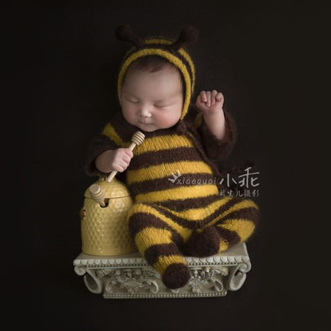 Newborn baby mohair photography props,baby soft bee bodysuit with hat full set,baby photography jumpsuits props ► Photo 1/6