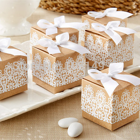 50pcs sweet lovely Decoration Candy box paper boxes Gift box Rustic & Lace Kraft Favor Box With Ribbon Wedding and Party ► Photo 1/6