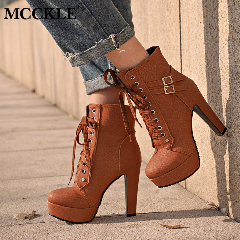 Plus Size Women's Lace Up Ankle Boots High Heel Round Toe Side Zip Casual Shoes 