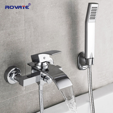 ROVATE Bathtub Shower Set Wall Mounted Waterfall Bath Faucet, Bathroom Cold and Hot Mixer Taps Brass Chrome ► Photo 1/6