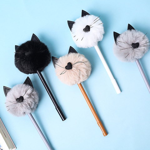 Fluffy Plush Cat Love Heart Nose Black Ears Gel Ink Pen Signature Pen Escolar Papelaria School Office Supply Promotional Gift ► Photo 1/5