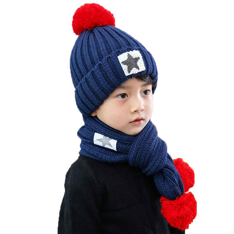 Winter Hat And Scarf Set For Children Girls Kids Cap Scarves Boys Star Design Knitted Pom Pom Beanie Velvet Cap Warm 2 Pcs Suit ► Photo 1/6